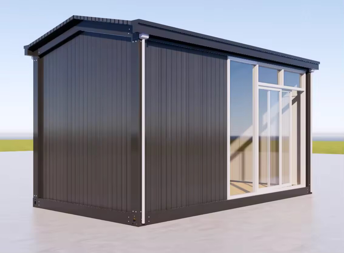 Indicative concept render of a charcoal steel modular unit with a glazed end
